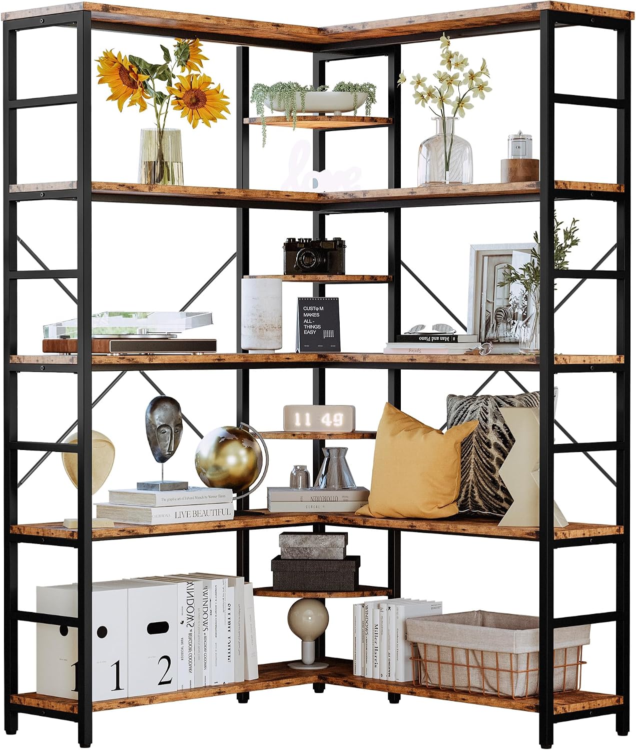 IRONCK Industrial Bookcases and Bookshelves, 5-Tiers Corner Bookcase with Curved Panels, L Shaped Shelf with Metal Frame for Open Storage for Living Room Home Office, Vintage Brown