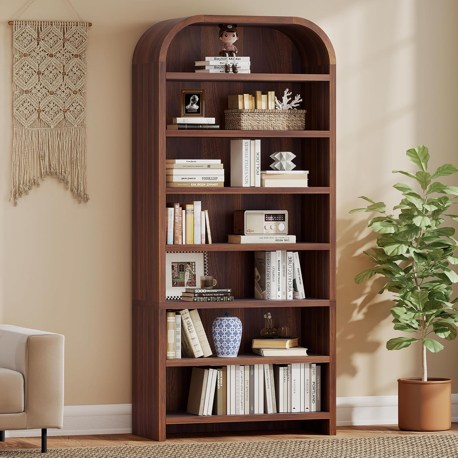 LEVNARY 70' Tall Arched Bookcase, 7-Tier Freestanding Storage Cabinet with Adjustable Shelves, Thick MDF Bookshelf for Bathroom Living Room Bedroom (Walnut)