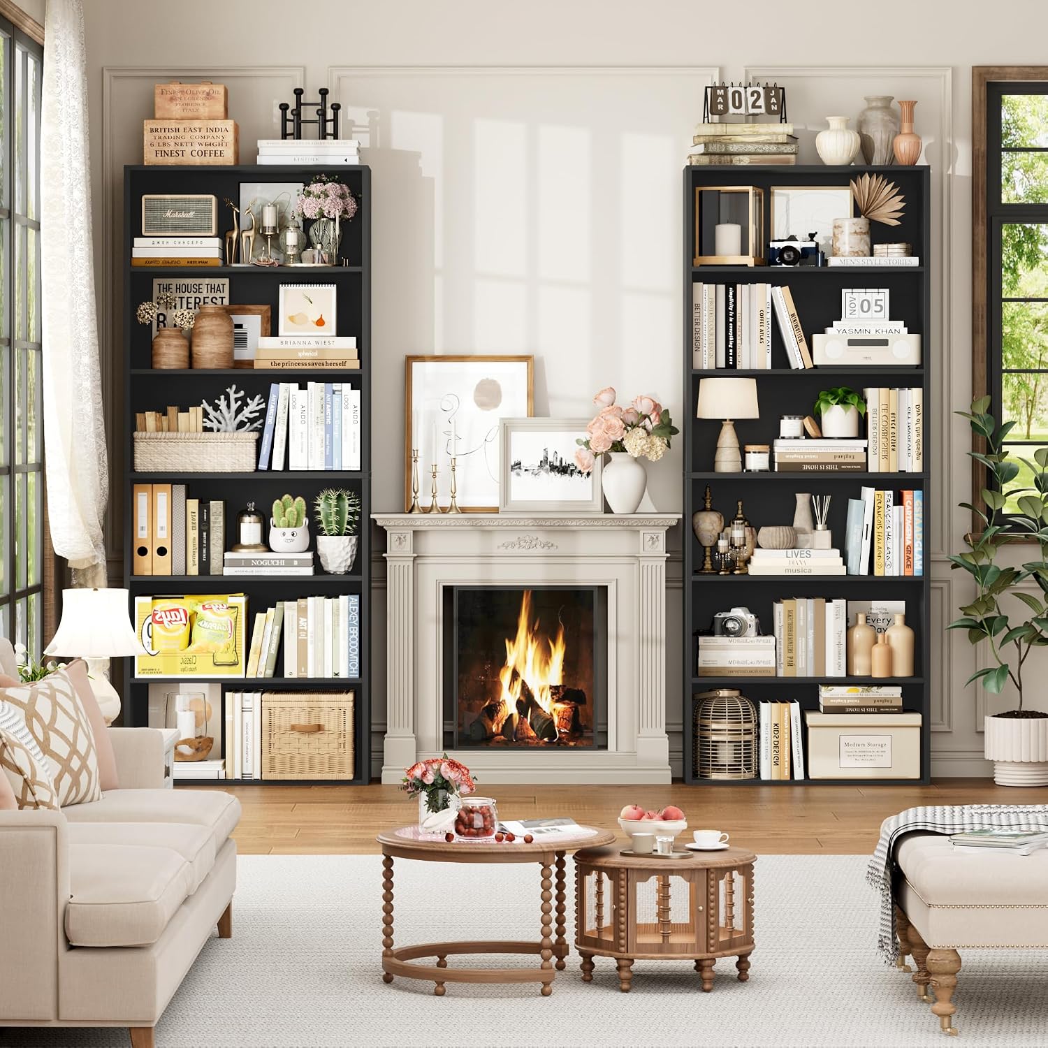 FOTOSOK 6-Tier Open Bookcase and Bookshelf Set of 2, Freestanding Display Storage Shelves Tall Bookcase for Bedroom, Living Room and Office, Black