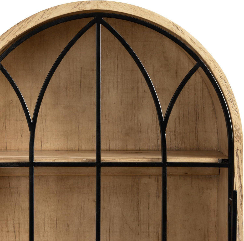 Kate and Laurel Megara Decorative Wooden Hanging Arched Wall Cabinet with Door for Open Storage; 16 x 5 x 24; Natural Wood and Black; Wooden Floating Wall Bathroom Cabinet for Above Toilet Storage