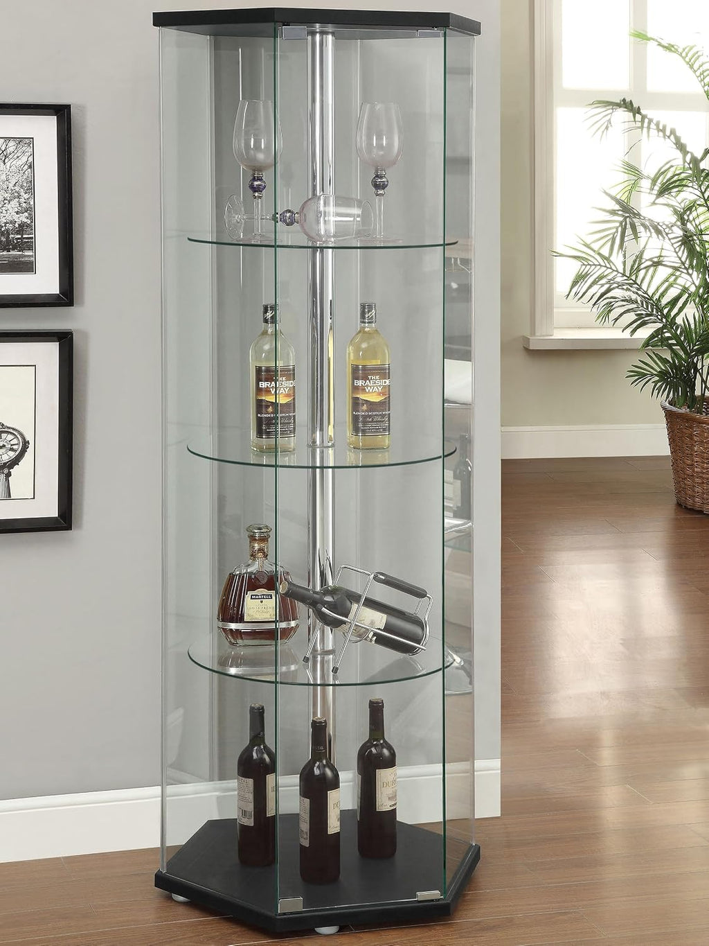 Coaster Home Furnishings - Zahavah - 4-Shelf Hexagonal Curio Cabinet with Push-to-Open Magnetic Door and Clear Tempered Glass with Chrome Center Pole - Living Room - Black - 950276