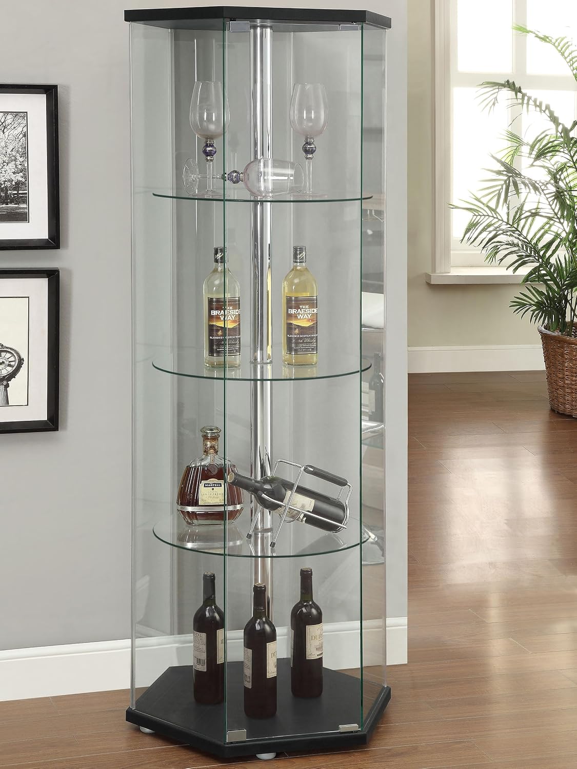 Coaster Home Furnishings - Zahavah - 4-Shelf Hexagonal Curio Cabinet with Push-to-Open Magnetic Door and Clear Tempered Glass with Chrome Center Pole - Living Room - Black - 950276