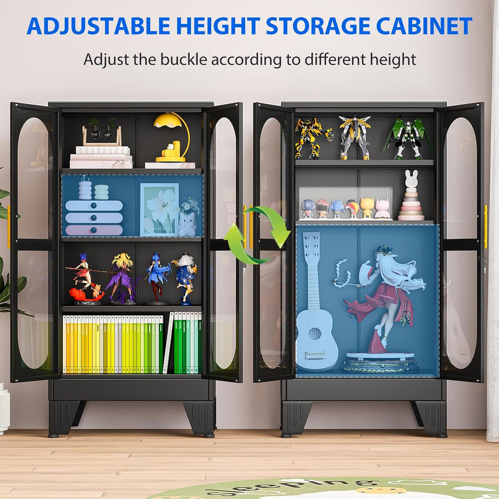 47.24' Glass Display Cabinet with Lock, Metal Locking Liquor Storage Cabinets and 3 Adjustable Shelves, 4 Tier Tall Curio Cabinet Display Case for Collectibles, Living Room, School, Commercial (Black)