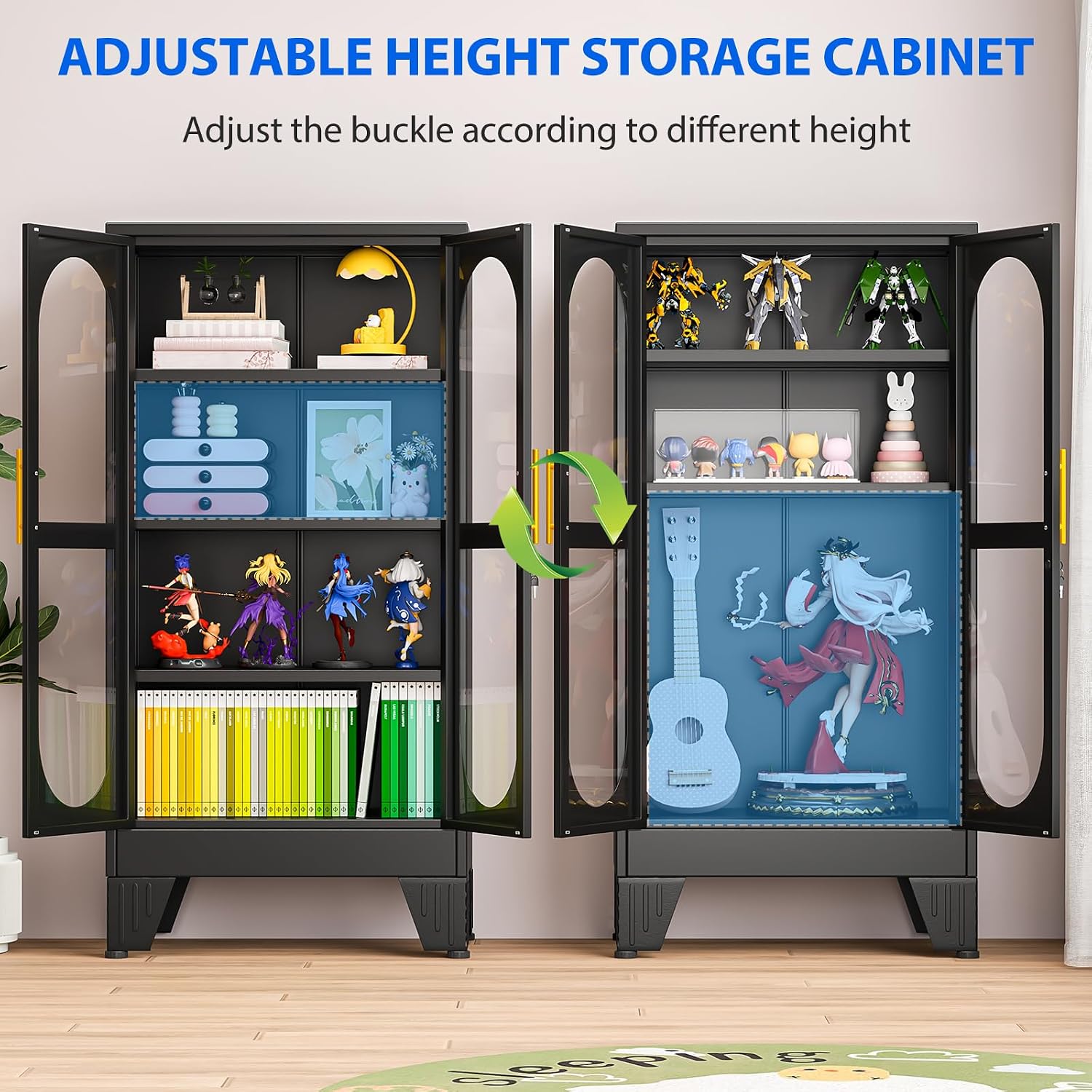 47.24' Glass Display Cabinet with Lock, Metal Locking Liquor Storage Cabinets and 3 Adjustable Shelves, 4 Tier Tall Curio Cabinet Display Case for Collectibles, Living Room, School, Commercial (Black)