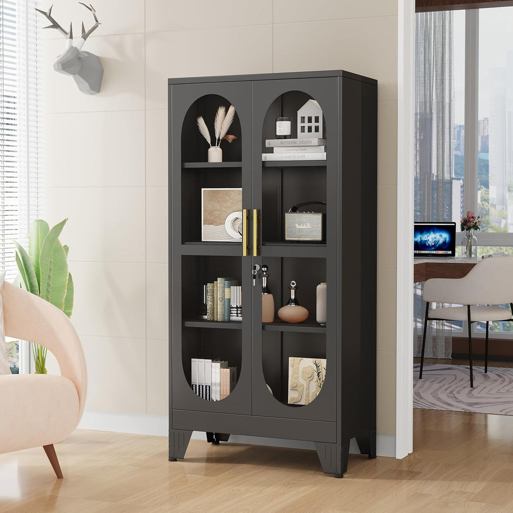 GAIOUS 61' Tall Metal Curio Cabinet, Display Cabinet with Glass Door, 4 Tier Liquor Cabinet with 3 Adjustable Shelves, Locking Glass Display Case for Collectibles, Showcase Storage Cabinets, Black