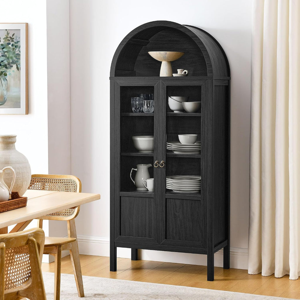 Modway Tessa Arched 71 Inch Tall Arched Storage Display Cabinet in Black Wood Grain - 4-Tier Bookcase with Glass Doors and Shelves - Arch Accent Cabinet for Living Room, Dining Room