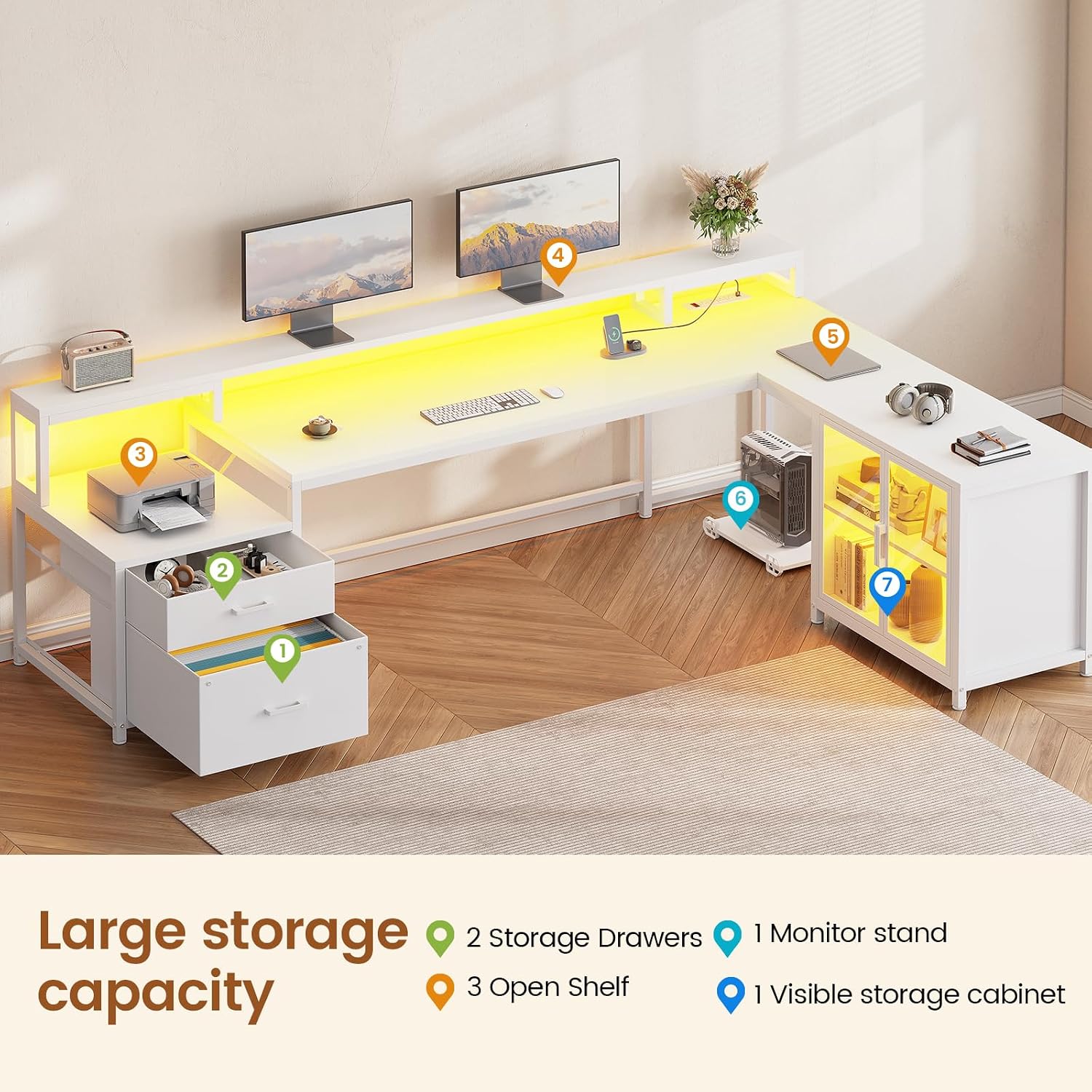 SEDETA 78.7' Large Gaming Computer Desk with Storage Drawers, Reversible L Shaped Office Desk with Display Cabinet and Power Outlet, Corner Gaming Desk with LED Lights for Home Office, White
