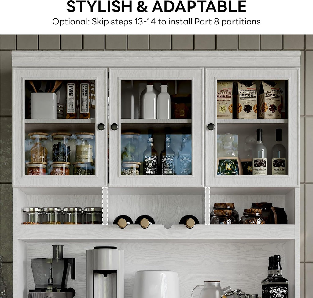 LIKIMIO 74.8' China Cabinet with Glass Doors, Tall Kitchen Pantry, Storage Cabinet with Microwave Stand, 4 Adjustable Shelves, Wine & Glass Station, Modern Display Cabinet for Home Living Room, White