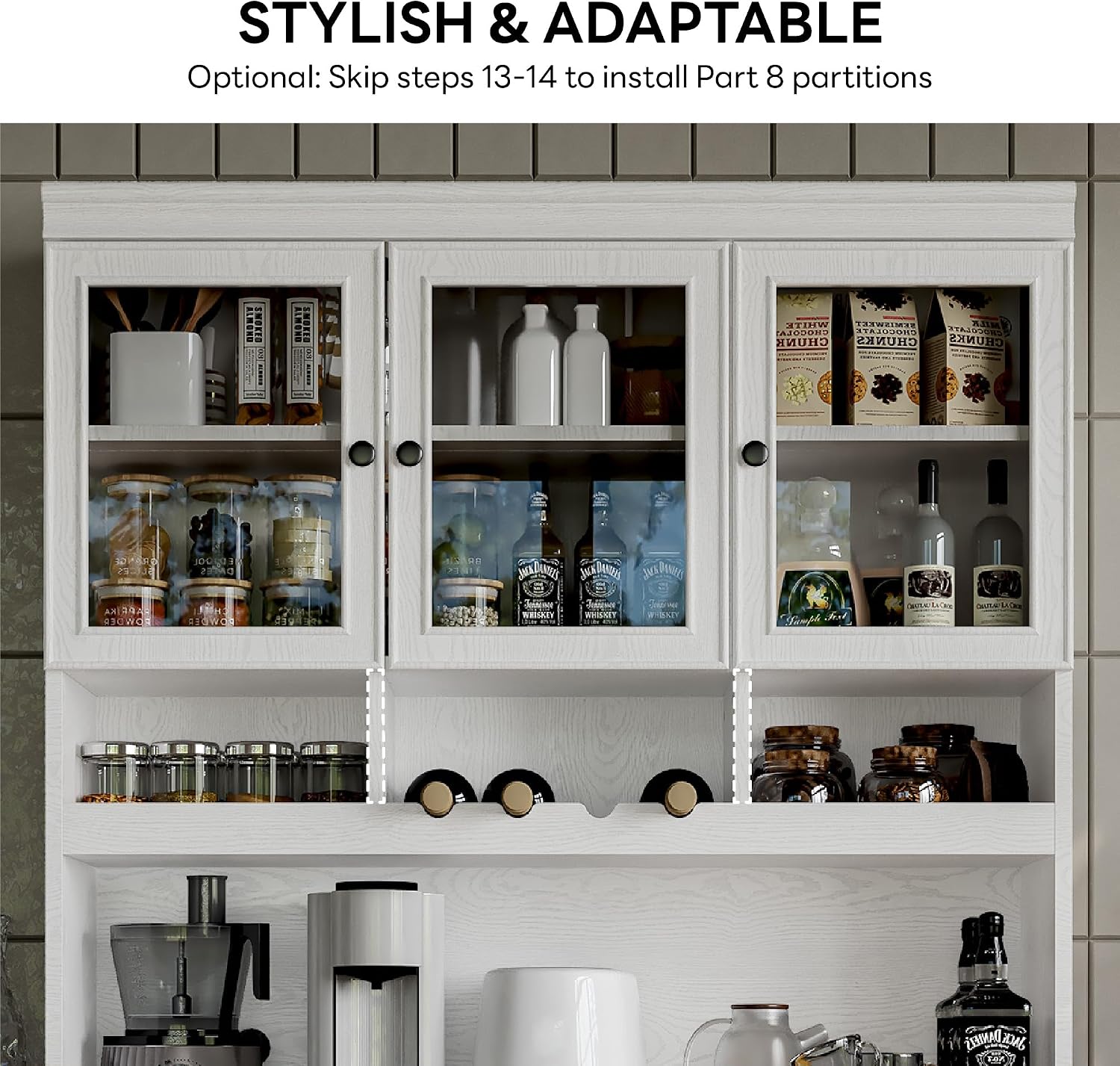 LIKIMIO 74.8' China Cabinet with Glass Doors, Tall Kitchen Pantry, Storage Cabinet with Microwave Stand, 4 Adjustable Shelves, Wine & Glass Station, Modern Display Cabinet for Home Living Room, White
