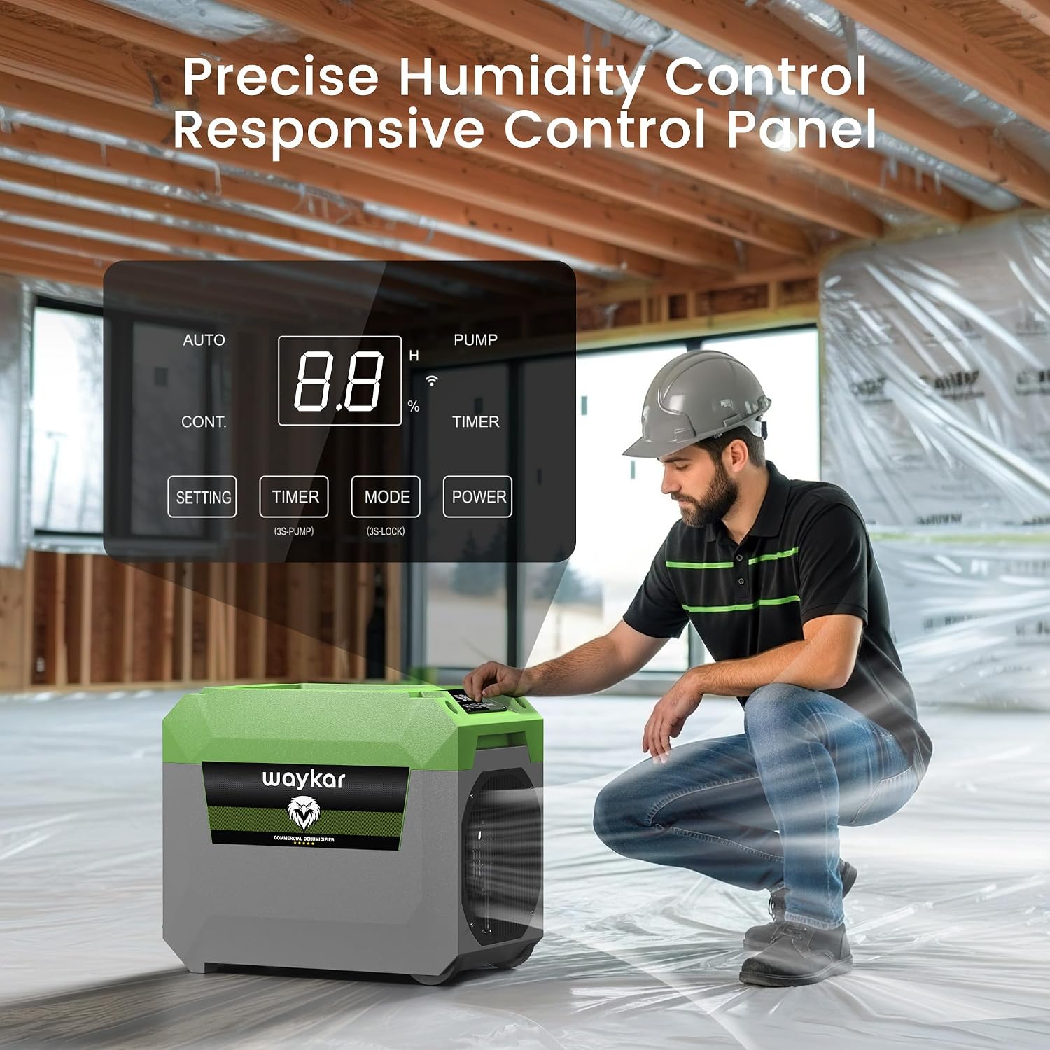 Waykar 150 Pints Commercial Dehumidifier with Pump for Large Areas up to 7,500 Sq. Ft, Stackable Industrial Dehumidifier for Crawl Spaces, Basements, and Water Damage Restoration — 5 Year Coverage