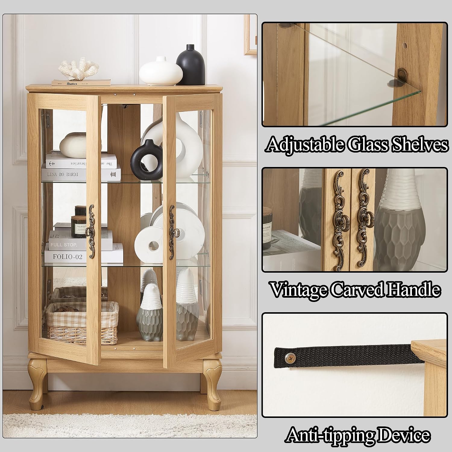 43'H Lighted Display Curio Cabinet, 3-Tier Glass Accent Storage Cabinet Curio Showcase w/ 2 Doors & Adjustable Shelves, Wine Artwork Storage Rack w/ Mirrored Back Panel for Living Room (Light Oak)
