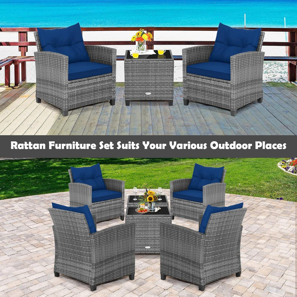 Tangkula 3 Pieces Patio Furniture Set, Outdoor PE Rattan Conversation Chair Set with Tempered Glass Side Table and Removable Cushions, PE Wicker Chairs and Table Set for Porch, Balcony and Garden