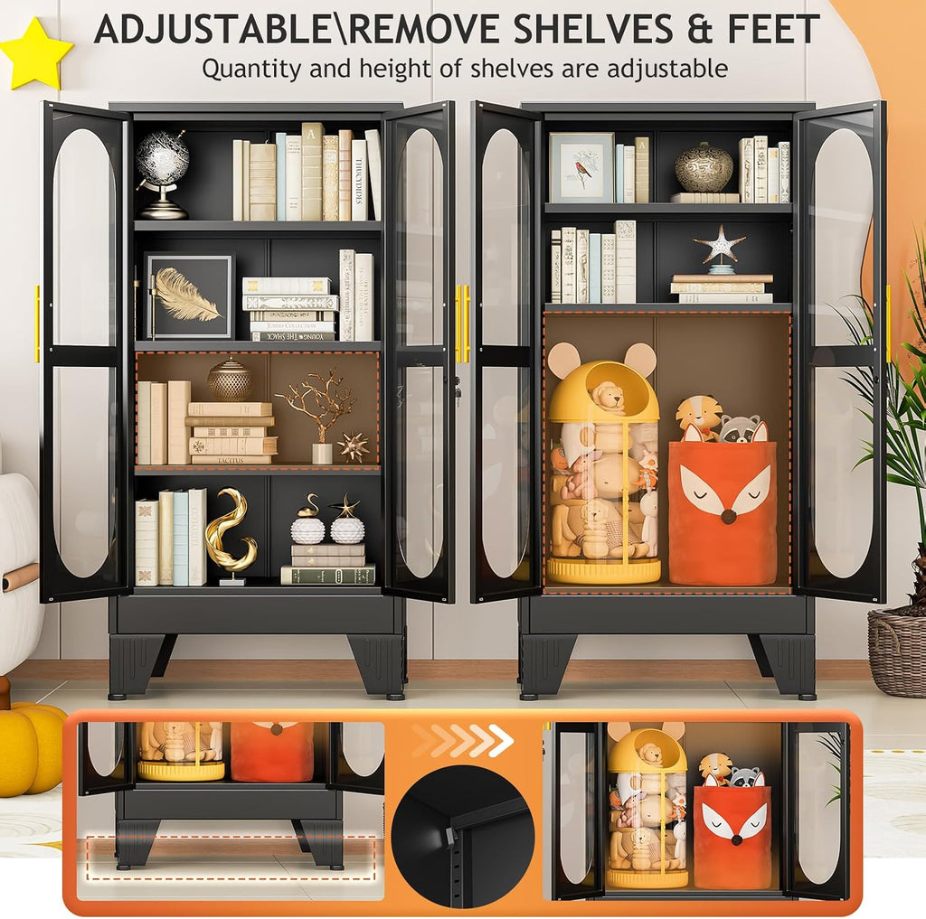 GAIOUS 47' Tall Metal Curio Cabinet, Display Storage Cabinet with Glass Door, 4 Tier Liquor Cabinet with 3 Adjustable Shelves, Locking Glass Display Case for Collectibles, Showcase Cabinets, Black