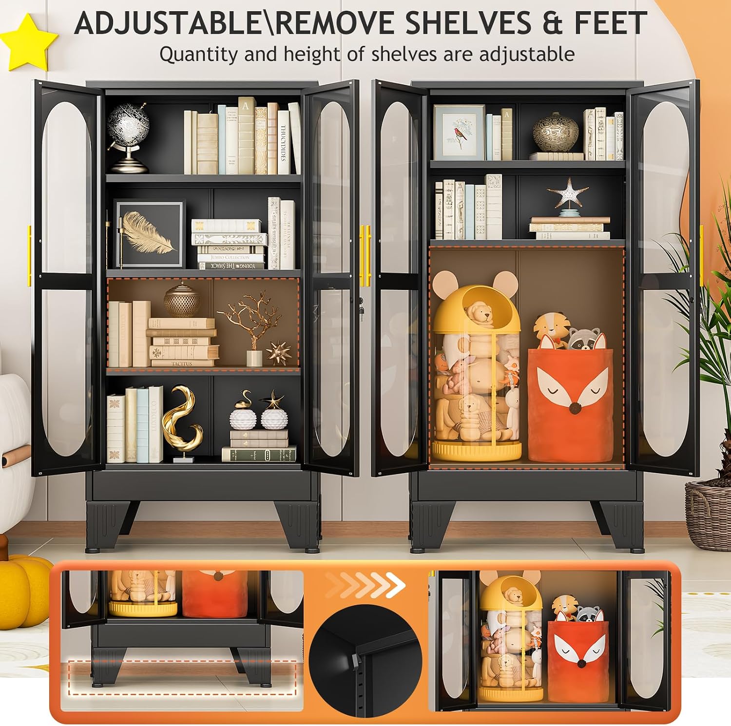 GAIOUS 47' Tall Metal Curio Cabinet, Display Storage Cabinet with Glass Door, 4 Tier Liquor Cabinet with 3 Adjustable Shelves, Locking Glass Display Case for Collectibles, Showcase Cabinets, Black