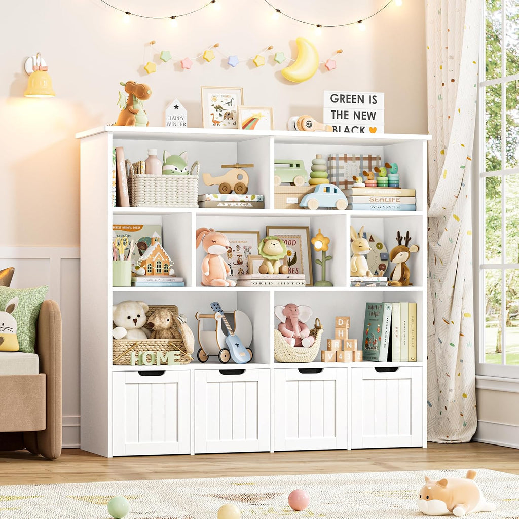 FINETONES Toy Storage Organizer, Kids Bookshelf with 4 Movable Chests and 7 Storage Cubes, Toy Chest Storage with Hidden Wheels, Toy Organizers and Toy Storage, White