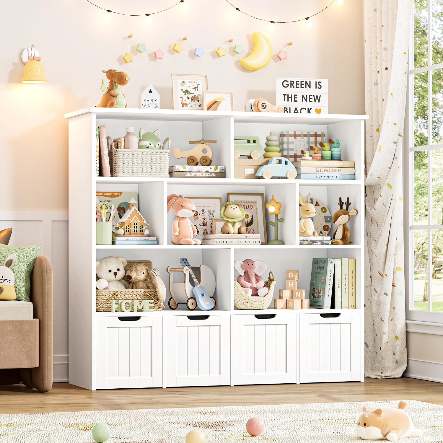 FINETONES Toy Storage Organizer, Kids Bookshelf with 4 Movable Chests and 7 Storage Cubes, Toy Chest Storage with Hidden Wheels, Toy Organizers and Toy Storage, White