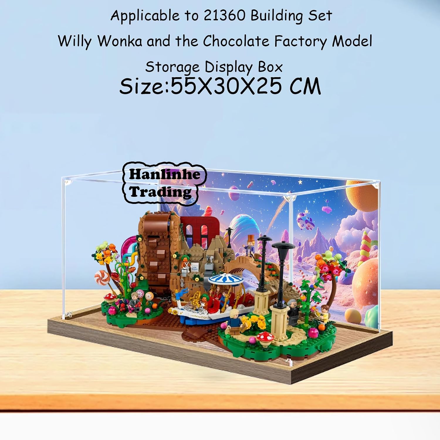 Acrylic Display Case for Lego 21360 Chocolate Factory Building Set– Dustproof Display Box & Showcase, Display Box Compatible with Lego 21360 -Only Display case (Back Spray Wooden Base)