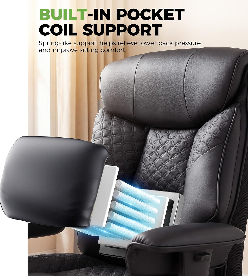 GTPLAYER Big and Tall Office Chair, High Back Computer Gaming Chair with Ergonomic Lumbar Support &Pocket Spring Cushion for Lower Back Pain Relief, Leather Executive Chair with Foot Rest, Black