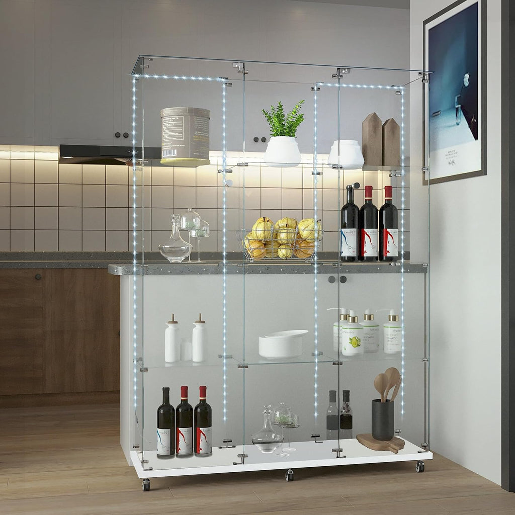 Glass Display Cabinet with 4 Shelves Extra Large,LED Lights and Wheels, Rolling 2 Doors Glass Top Curio Cabinet with Lock 64.88' High Led Curio Display Cabinet Showcase for Living Room,Bedroom,White