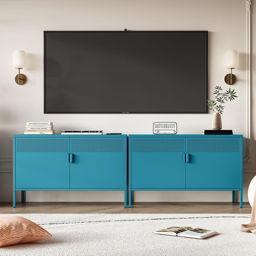 Chshin Metal Storage Cabinet with Doors,Blue Accent Cabinet,Metal Locker Storage Cabinets,2 Door TV Media Stand with Removable Shelves for,Home,Office,Entryway,Living Room