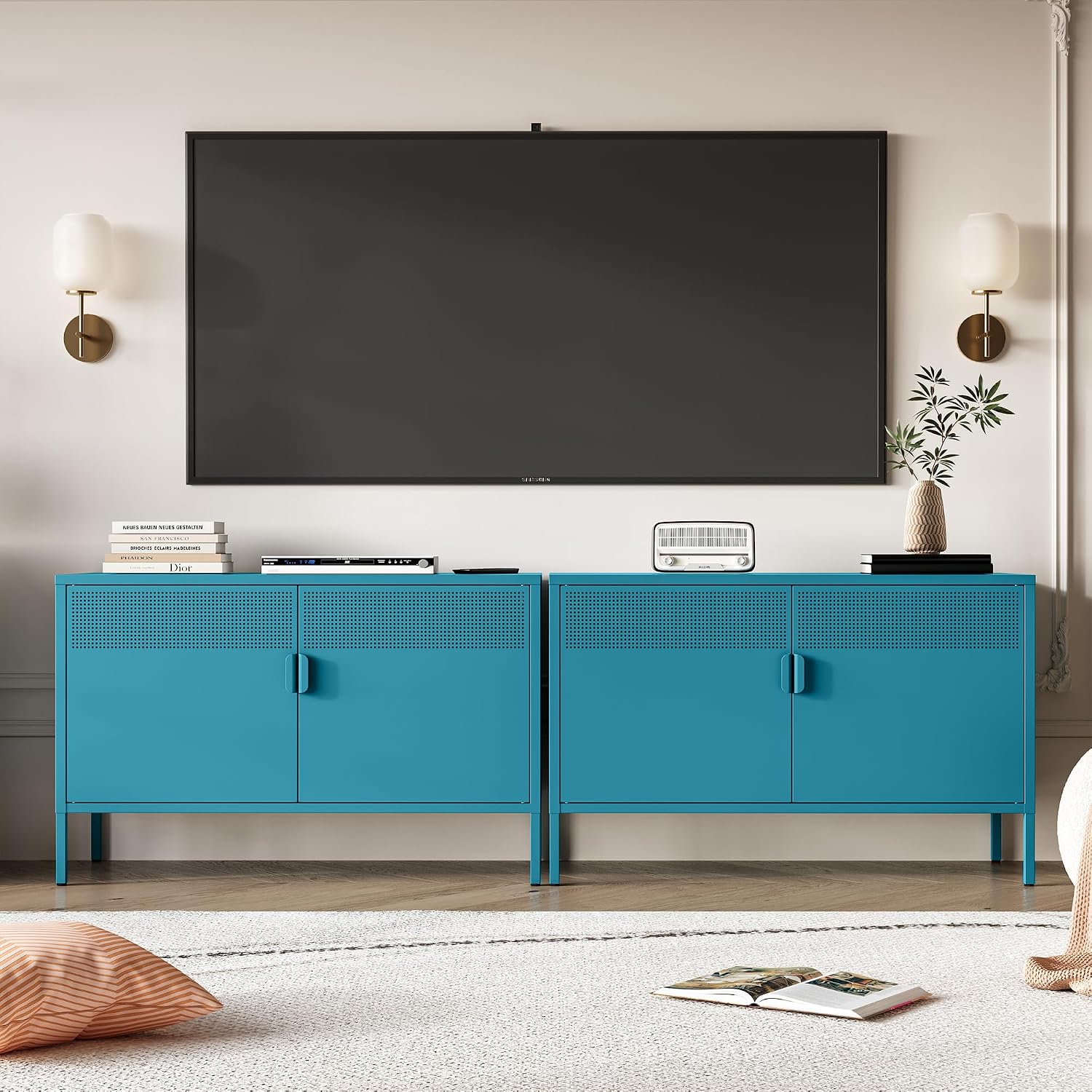Chshin Metal Storage Cabinet with Doors,Blue Accent Cabinet,Metal Locker Storage Cabinets,2 Door TV Media Stand with Removable Shelves for,Home,Office,Entryway,Living Room