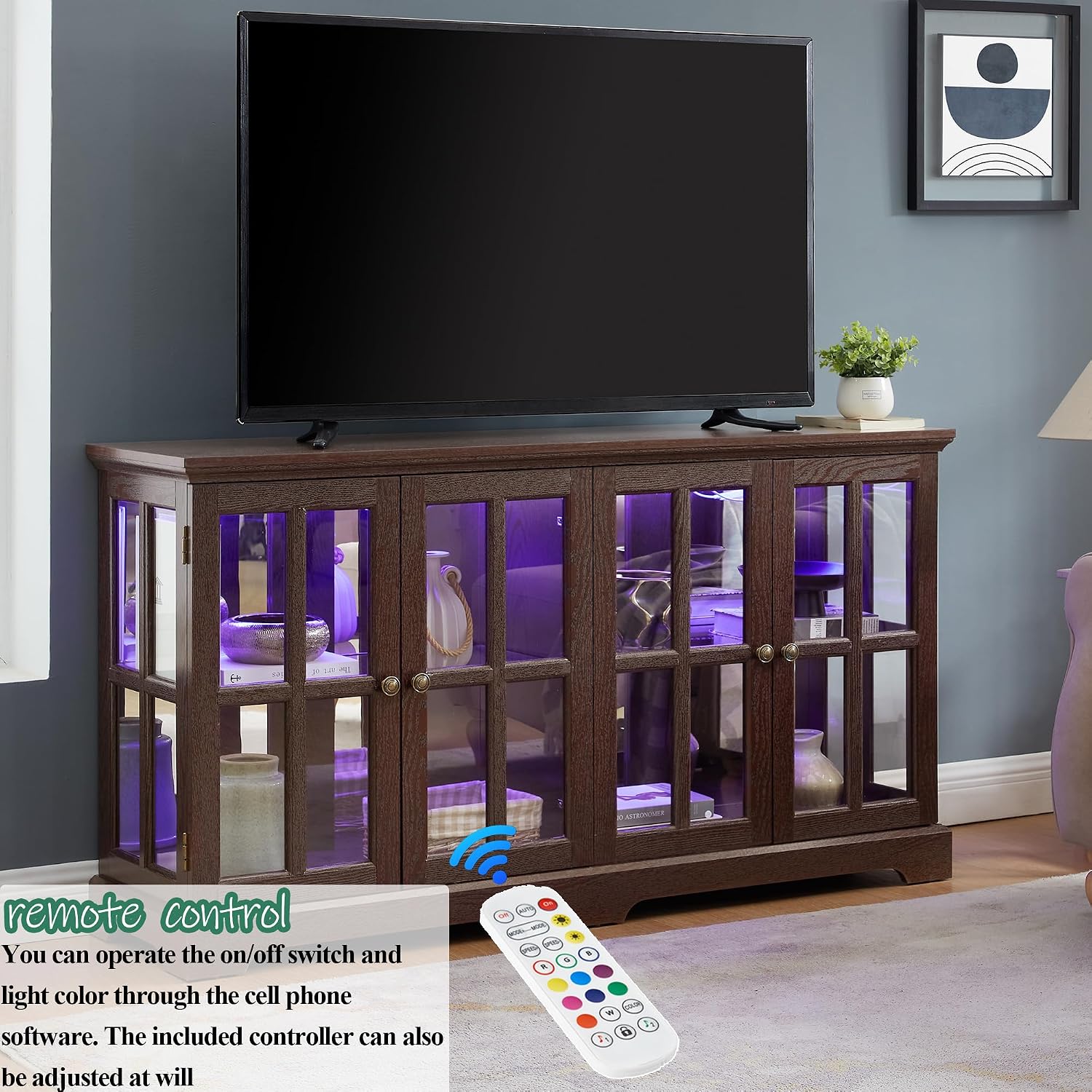 59' Glass Curio Display Storage Cabinet, 4 Doors LED Light Multipurpose Tableware Display Sideboard w/Mirrored Back Pane, Vintage Storage TV Stand for Living Room (Cherry)