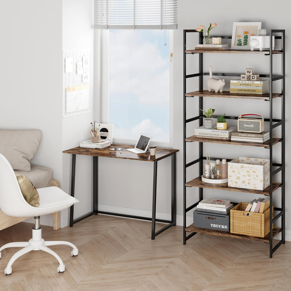 BHG Vintage Multifunctional Folding Bookshelf, No-Assembly Plant Stand Storage Rack Shelves for Home Office (Fire, 5-Tier)