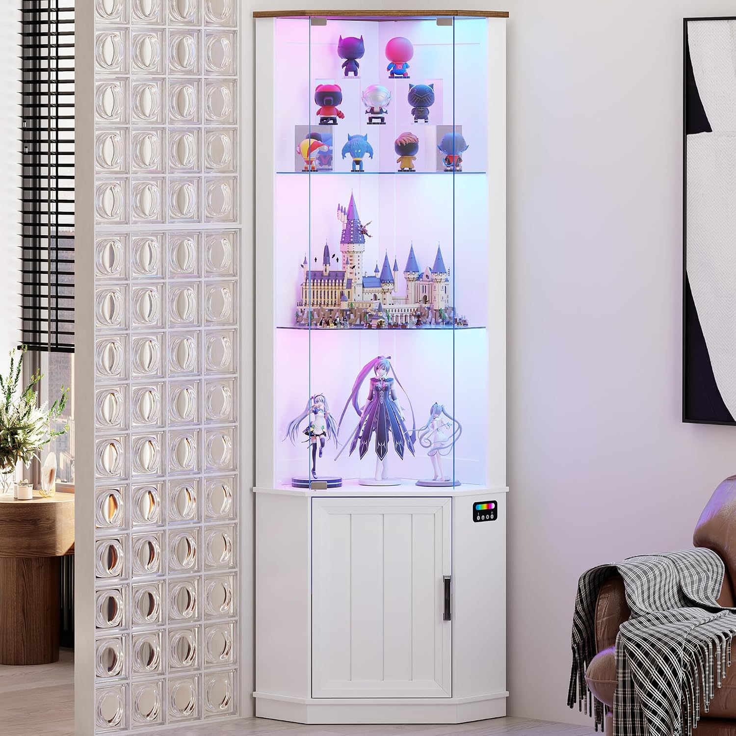 Lvifur 69' Corner Glass Display Cabinet with RGB Lights,3-Tier Movable Glass Shelves,Curio Display with Human Body Sensor,Bookcase with Storage Cabinet for Toys,Books,Collectibles,Liquor,White