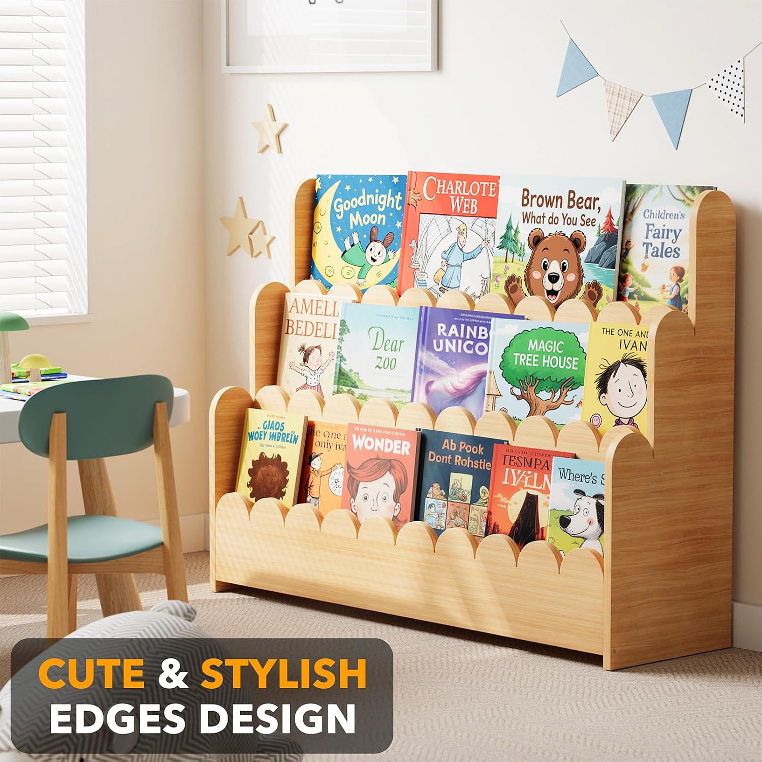 SpaceAid 3-Tier Scalloped Bookshelf, Montessori Bookcase for Toddlers, Wooden Book Shelf Organizer Display Furniture for Kids Rooms, Playroom, Nursery and Classroom, 36.7' Wide, Natural