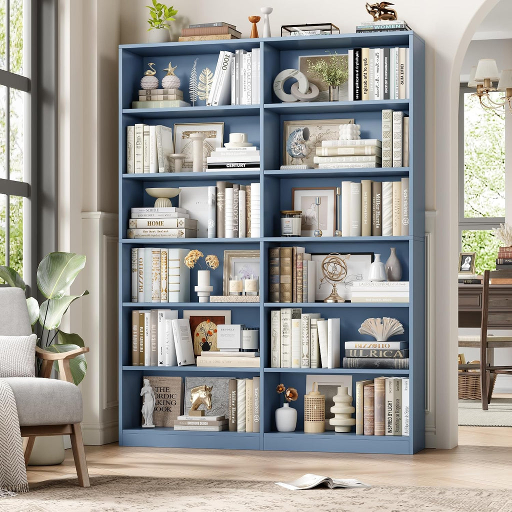 FACBOTALL Bookshelf and Bookcase, 6-Tier Double Wide Bookshelves, Freestanding Display Storage Shelves, Tall Bookcases for Home Decor Bedroom, Living Room, Home Office, Blue