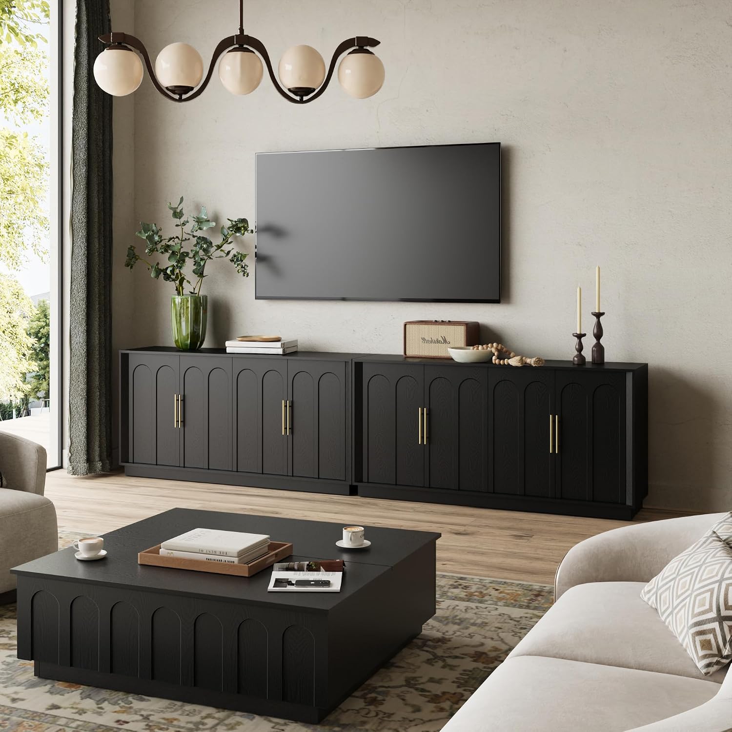 FORTUNETEC Sideboard Buffet Cabinet with Storage, Modern Accent Cabinet with Arched Doors, 67' Large Modular Media Console, Minimalist Credenza for Living Room Kitchen Dining Room Entryway, Black