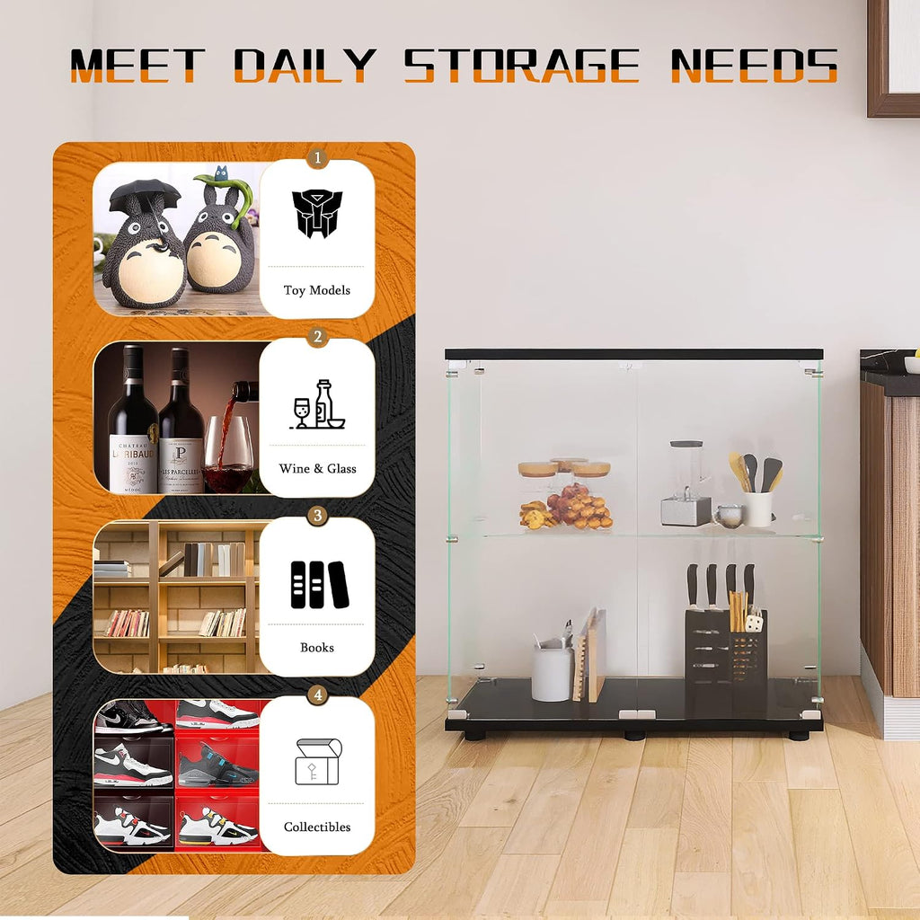 Beauty4U Glass Display Cabinet with 2 Shelves, 2 Doors Curio Cabinets for Living Room, Bedroom, Office, Black Floor Standing Glass Bookshelf, Quick Installation