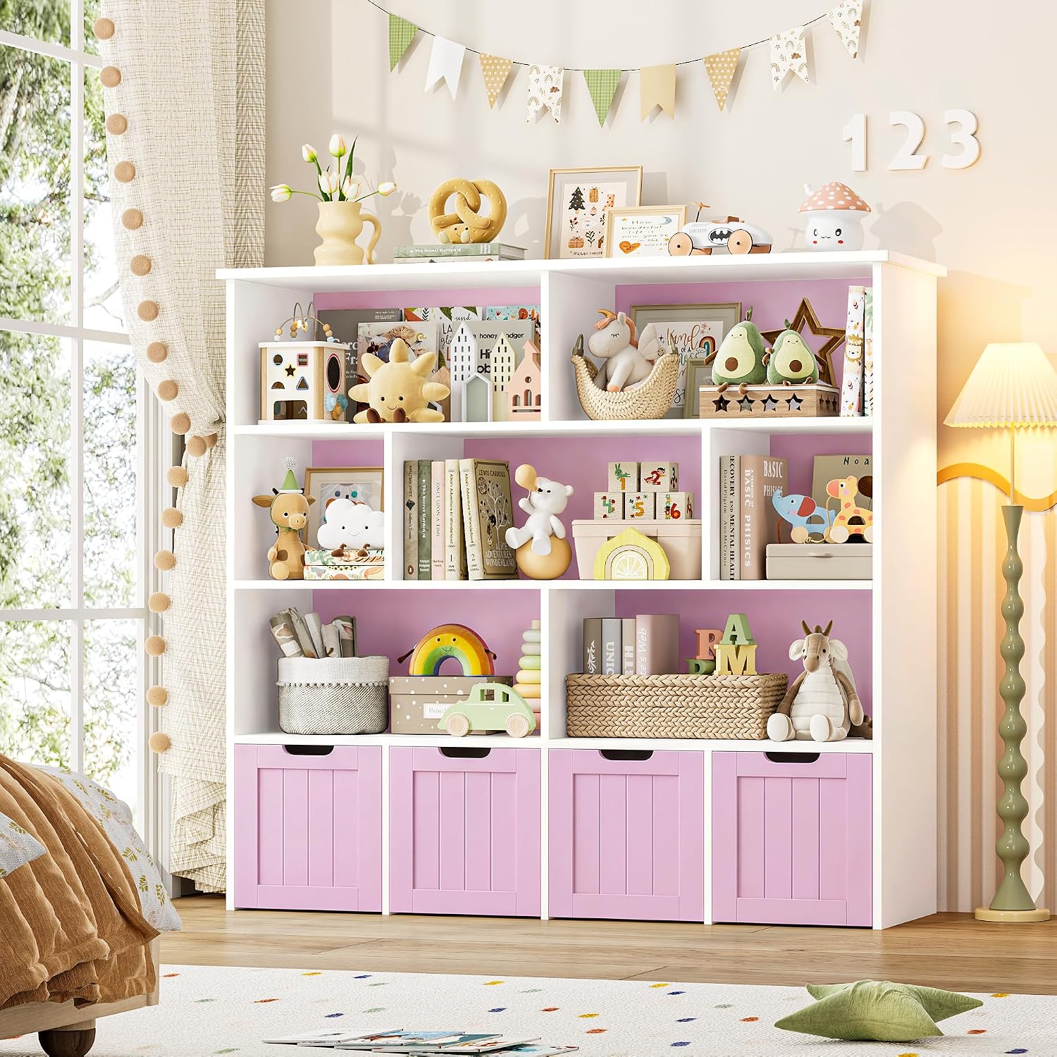 FINETONES Toy Storage Organizer, Kids Bookshelf with 4 Movable Chests and 7 Storage Cubes, Toy Chest Storage with Hidden Wheels, Toy Organizers and Toy Storage, Pink