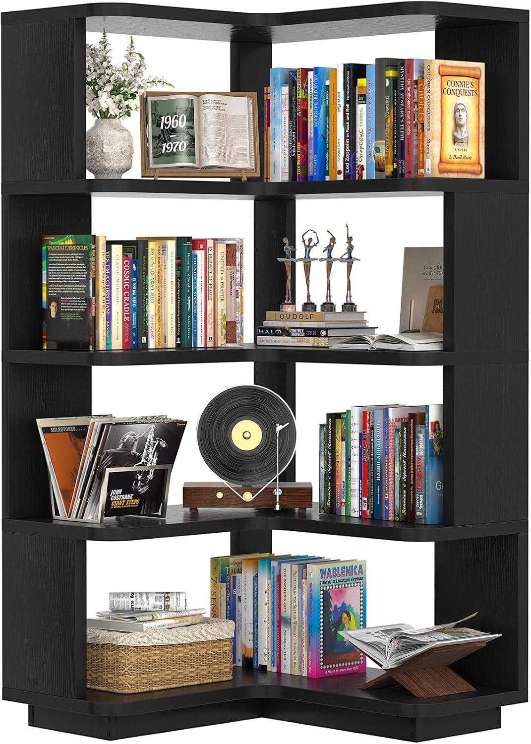 Armocity Corner Book Shelf - 5 Tier Corner Bookshelf Etagere Bookcase with Baffle, Freestanding L Shaped Display Shelf Stand for Home Office, Living Room, Bedroom, Kitchen, Black