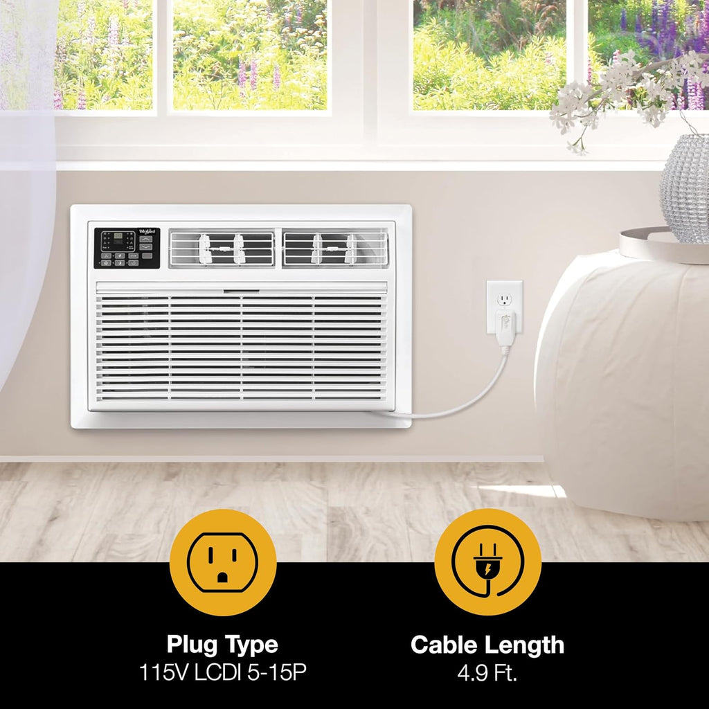Whirlpool 8,000 BTU Through the Wall Air Conditioner, 115V, Cools up to 350 Sq. Ft. for Living Room, Bedroom, Kitchen with Dehumidifier and Remote Control, White