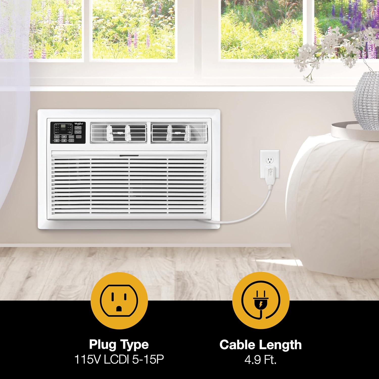 Whirlpool 8,000 BTU Through the Wall Air Conditioner, 115V, Cools up to 350 Sq. Ft. for Living Room, Bedroom, Kitchen with Dehumidifier and Remote Control, White
