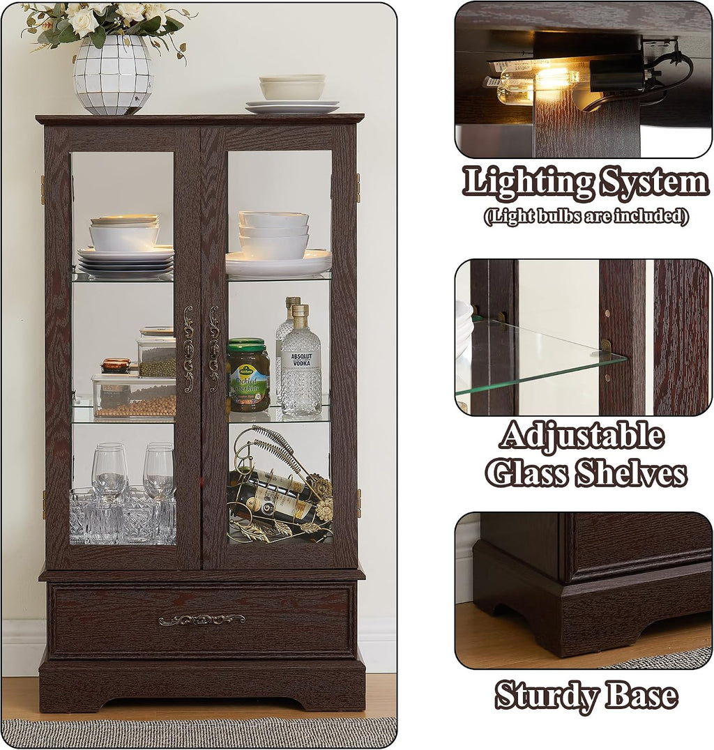 47' H Lighted Curio Cabinet Display Case, Glass Case with Adjustable Shelves,Tempered Glass Door and Drawer, Wooden Curio Cabinet with Mirrored Back Pane for Living Room (Dark Cherry)
