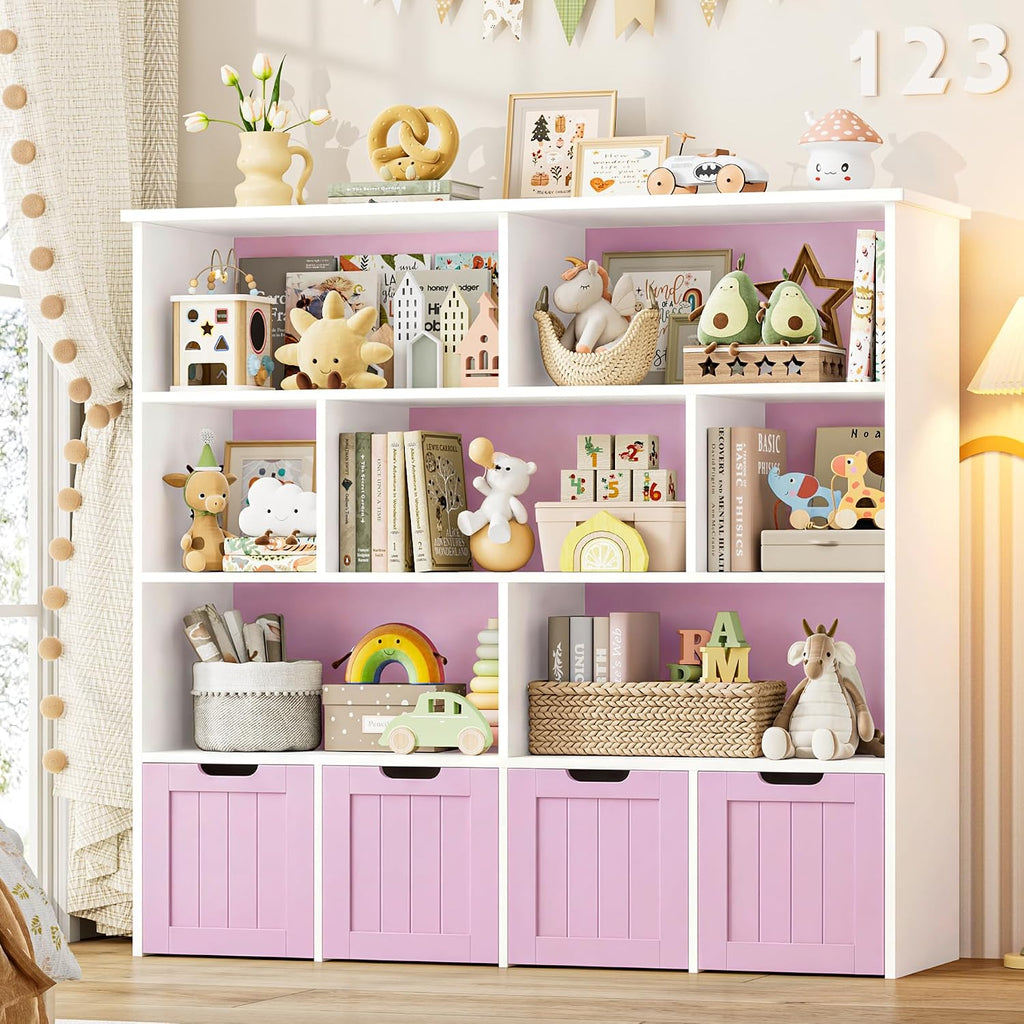 FINETONES Toy Storage Organizer, Kids Bookshelf with 4 Movable Chests and 7 Storage Cubes, Toy Chest Storage with Hidden Wheels, Toy Organizers and Toy Storage, Pink