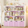 FINETONES Toy Storage Organizer, Kids Bookshelf with 4 Movable Chests and 7 Storage Cubes, Toy Chest Storage with Hidden Wheels, Toy Organizers and Toy Storage, Pink