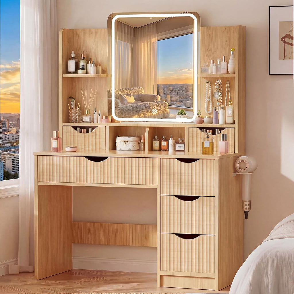 Vanity Desk with Mirror and Lights, Makeup Vanity Table with Large 6 Drawers Modern Fluted Wooden Dressing Table with Jewelry Hook 3 Color Modes Adjustable LED Mirror for Women Girls Bedroom or Dorm