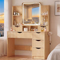Vanity Desk with Mirror and Lights, Makeup Vanity Table with Large 6 Drawers Modern Fluted Wooden Dressing Table with Jewelry Hook 3 Color Modes Adjustable LED Mirror for Women Girls Bedroom or Dorm