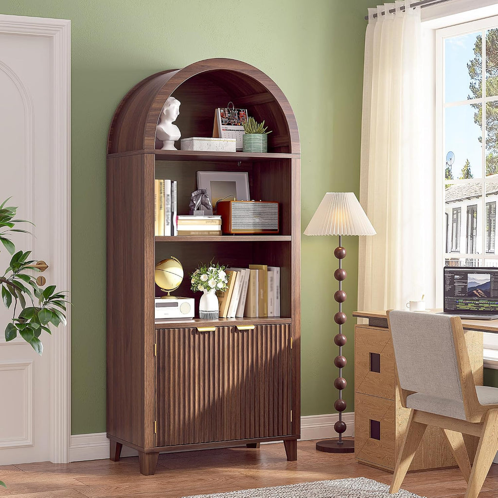 DurayLoly Book Shelf Arched Cabinet, 5-Tier Arched Bookcase with Doors and Adjustable Wood Shelves, Wooden Storage Cabinet with Open Display Shelf for Office,Living Room, Kitchen，Walnut