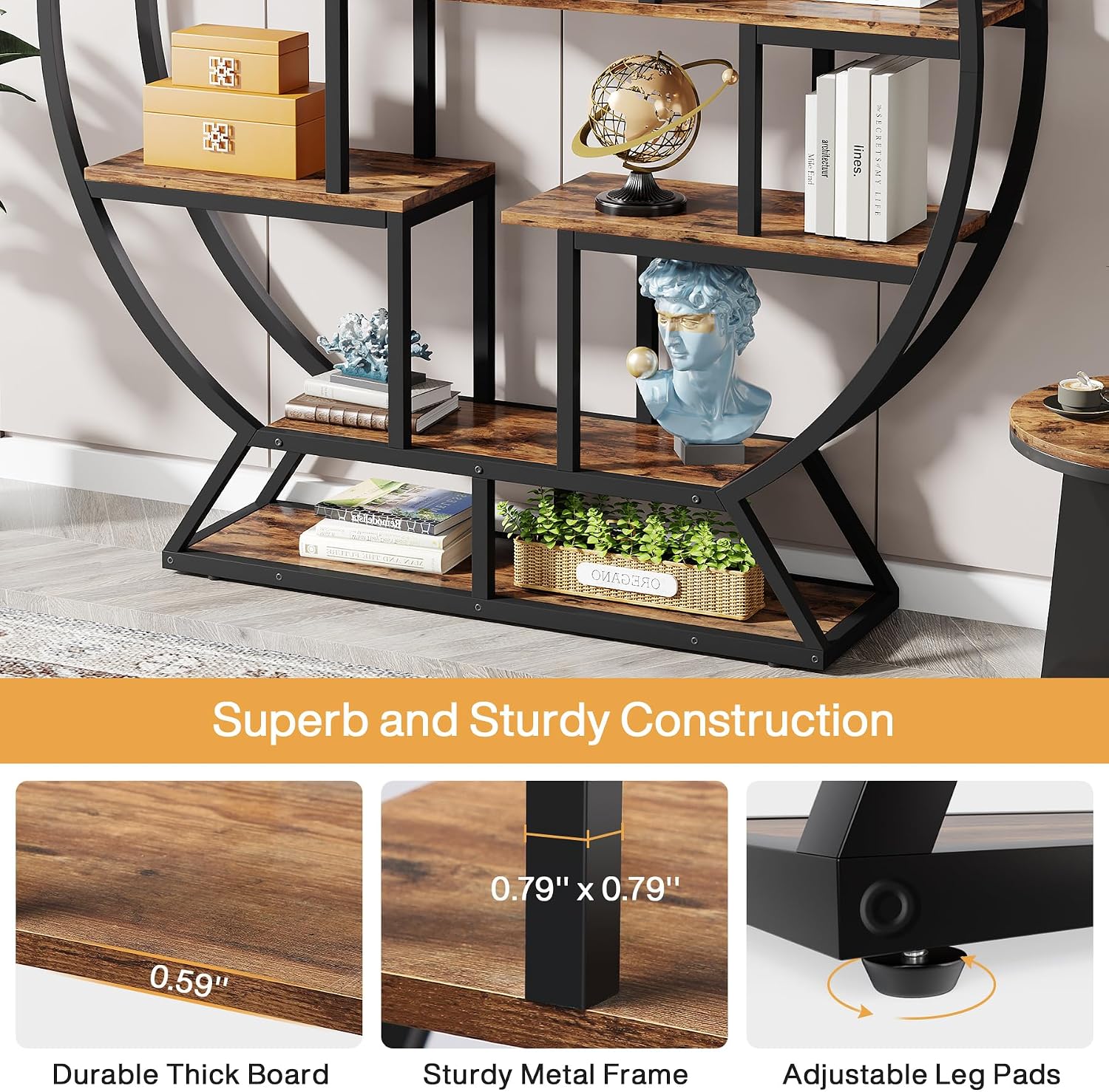 Tribesigns Bookshelf, Round Bookshelves Etagere Bookcase, 63 Inch Industrial Wood Book Shelf with Staggered Shelves, Rustic Open Shelving Organizer Rack Display Shelf for Home Office, Living Room