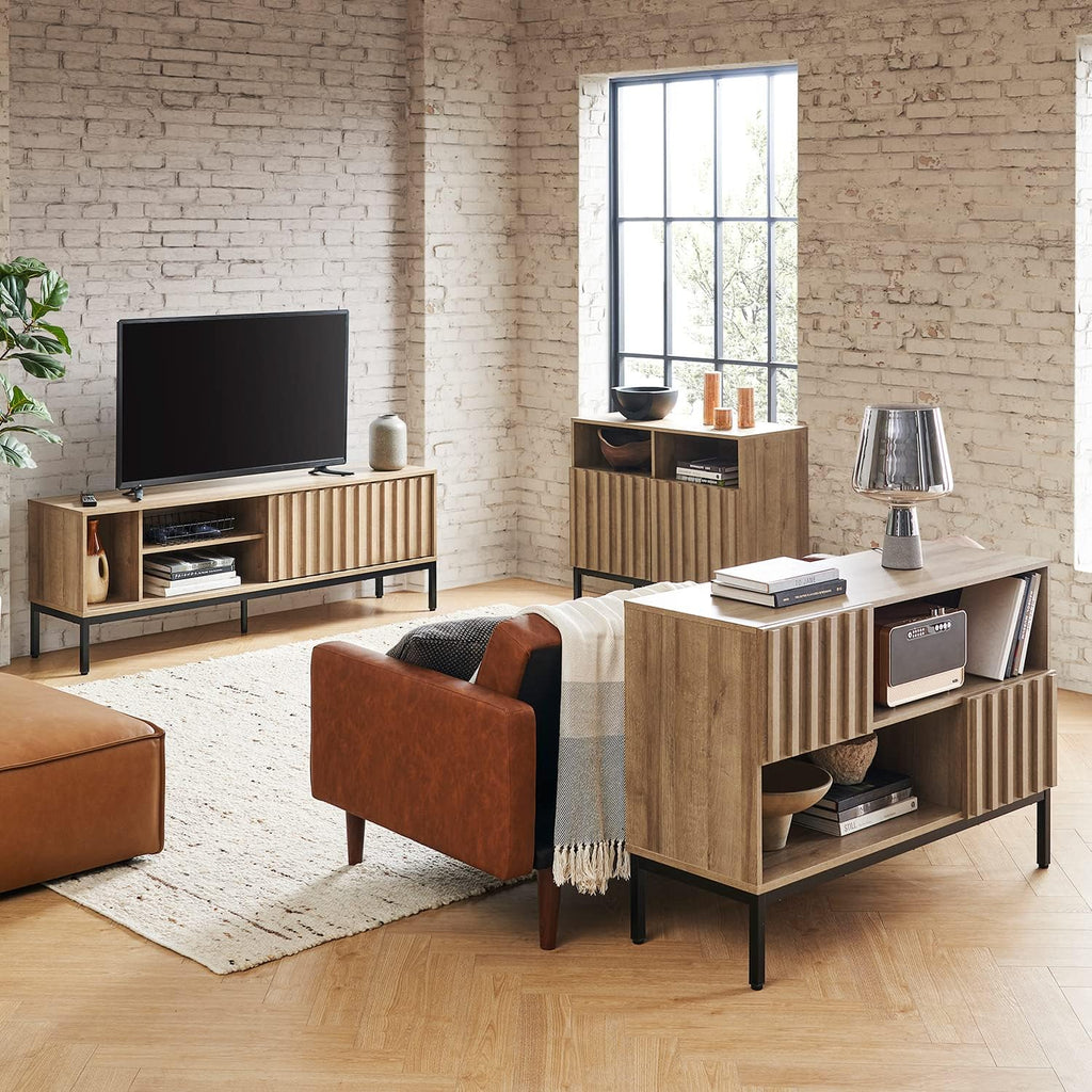 mopio Norwin 4 Piece Entertainment Center with Storage, 70' TV Stand, Industrial Modern Television Accent Cabinet, Oak Wood Media Console Table with 3-Tier Shelf Bookcase (3-Tier Display Set)