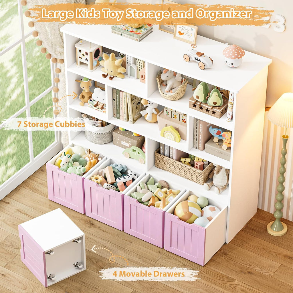 FINETONES Toy Storage Organizer, Kids Bookshelf with 4 Movable Chests and 7 Storage Cubes, Toy Chest Storage with Hidden Wheels, Toy Organizers and Toy Storage, Pink