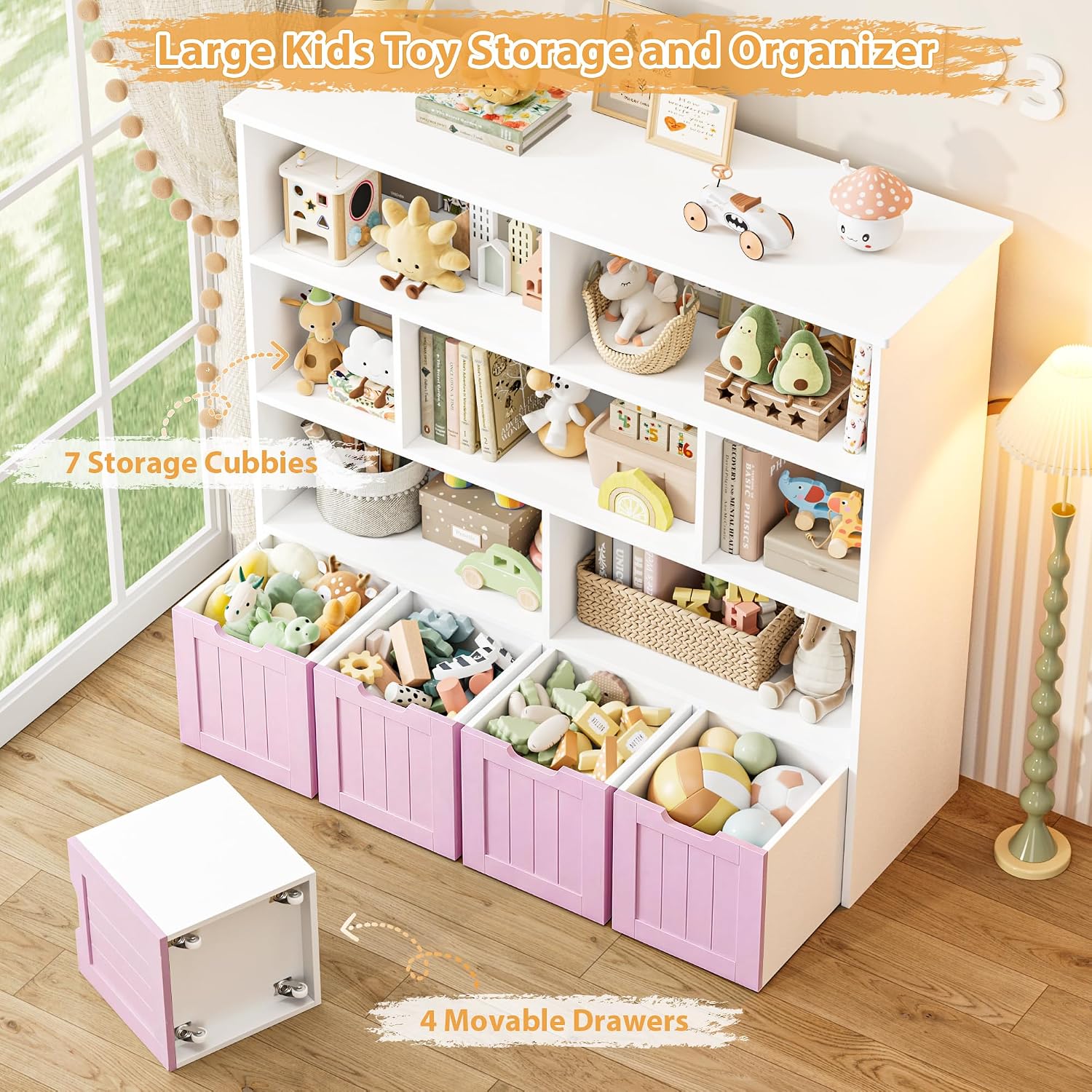FINETONES Toy Storage Organizer, Kids Bookshelf with 4 Movable Chests and 7 Storage Cubes, Toy Chest Storage with Hidden Wheels, Toy Organizers and Toy Storage, Pink