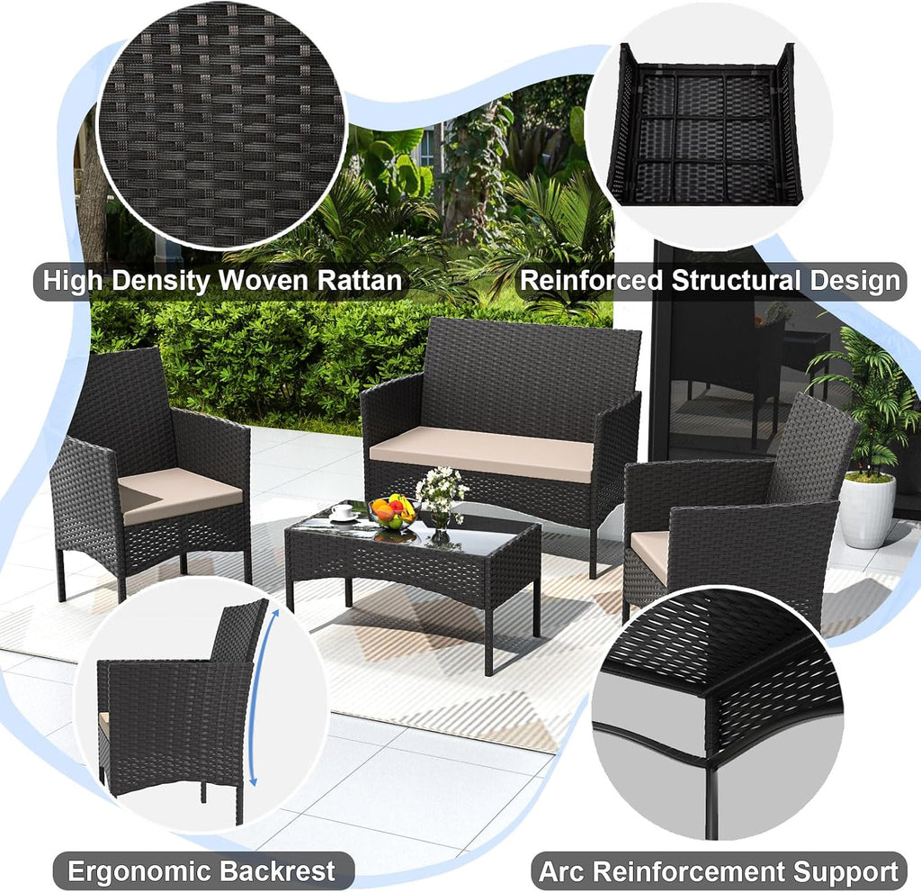 Gotland 8 Pieces Patio Furniture Set, Wicker Outdoor Furniture with 4 Chairs 2 Loveseats 2 Glass Coffee Tables, Weather-Resistant Patio Set, Conversation Set for Backyard Pool Porch Khaki