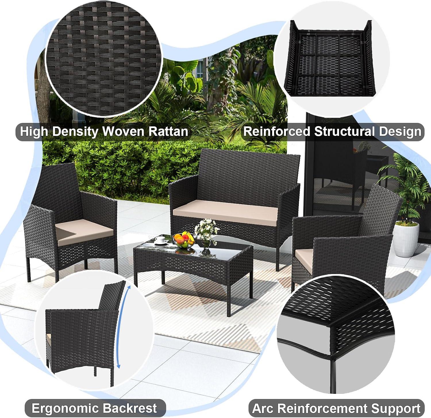 Gotland 8 Pieces Patio Furniture Set, Wicker Outdoor Furniture with 4 Chairs 2 Loveseats 2 Glass Coffee Tables, Weather-Resistant Patio Set, Conversation Set for Backyard Pool Porch Khaki