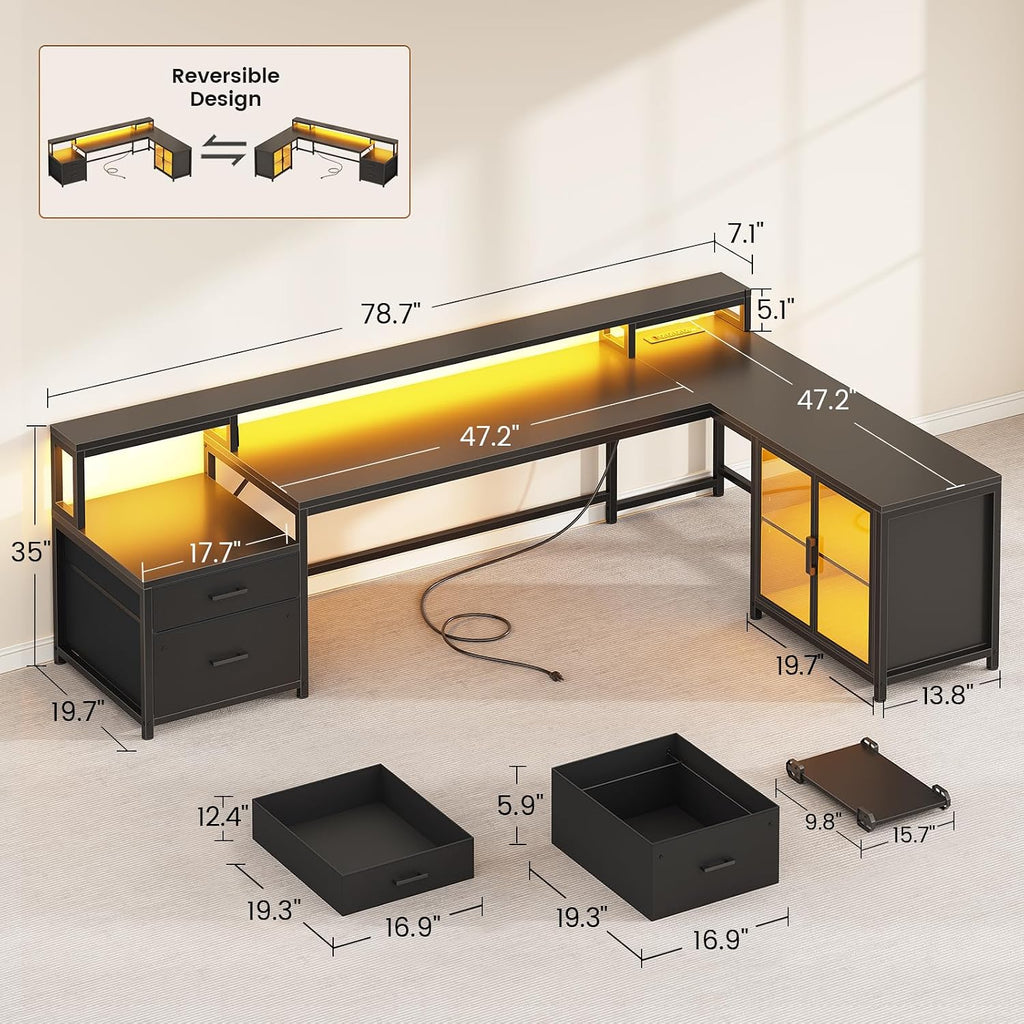 SEDETA L Shaped Gaming Desk, 78.7' Large Computer Desk with Drawers and Power Outlet & LED Light, Corner Gaming Desk with Storage Shelves, Display Cabinet for Home Office, Black