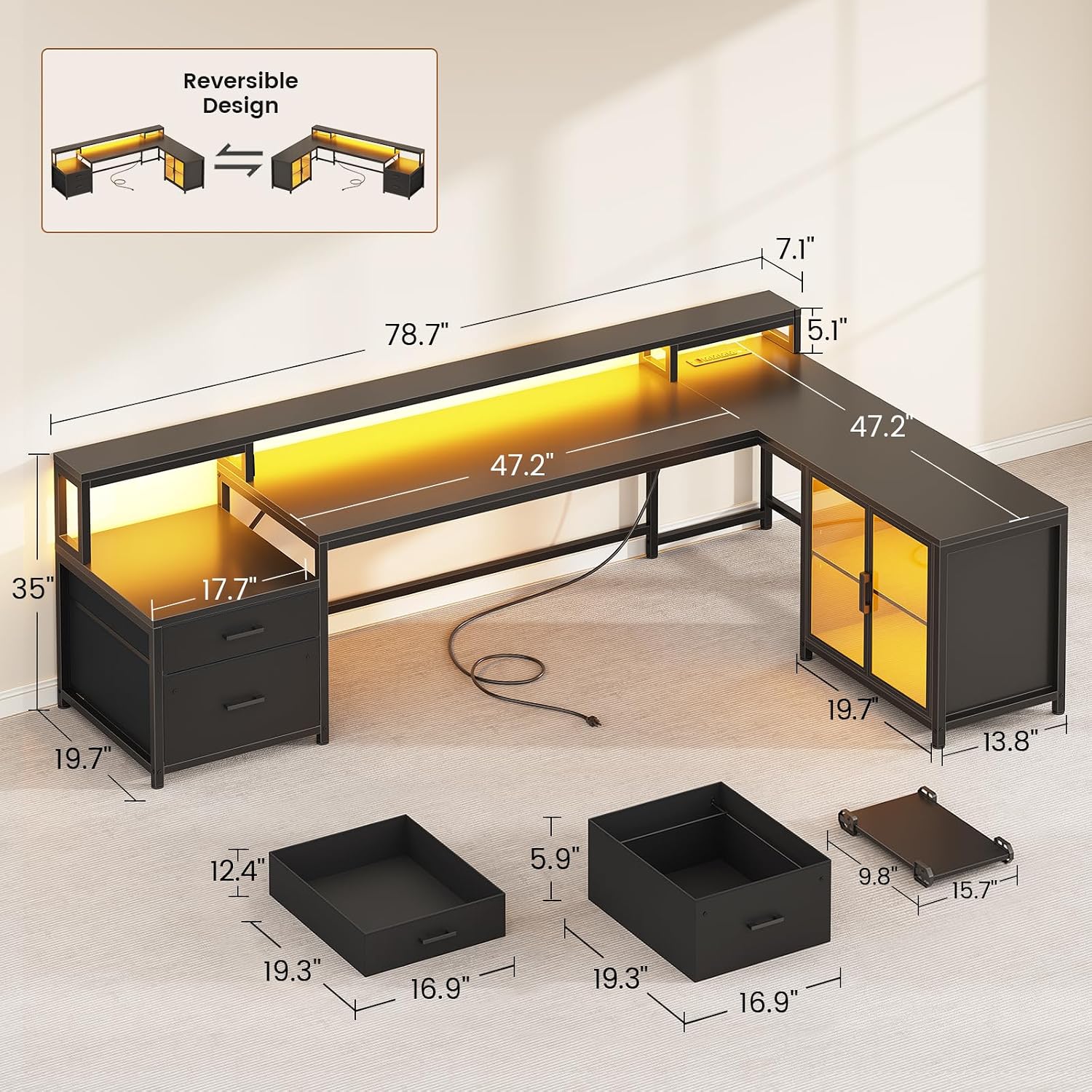 SEDETA L Shaped Gaming Desk, 78.7' Large Computer Desk with Drawers and Power Outlet & LED Light, Corner Gaming Desk with Storage Shelves, Display Cabinet for Home Office, Black